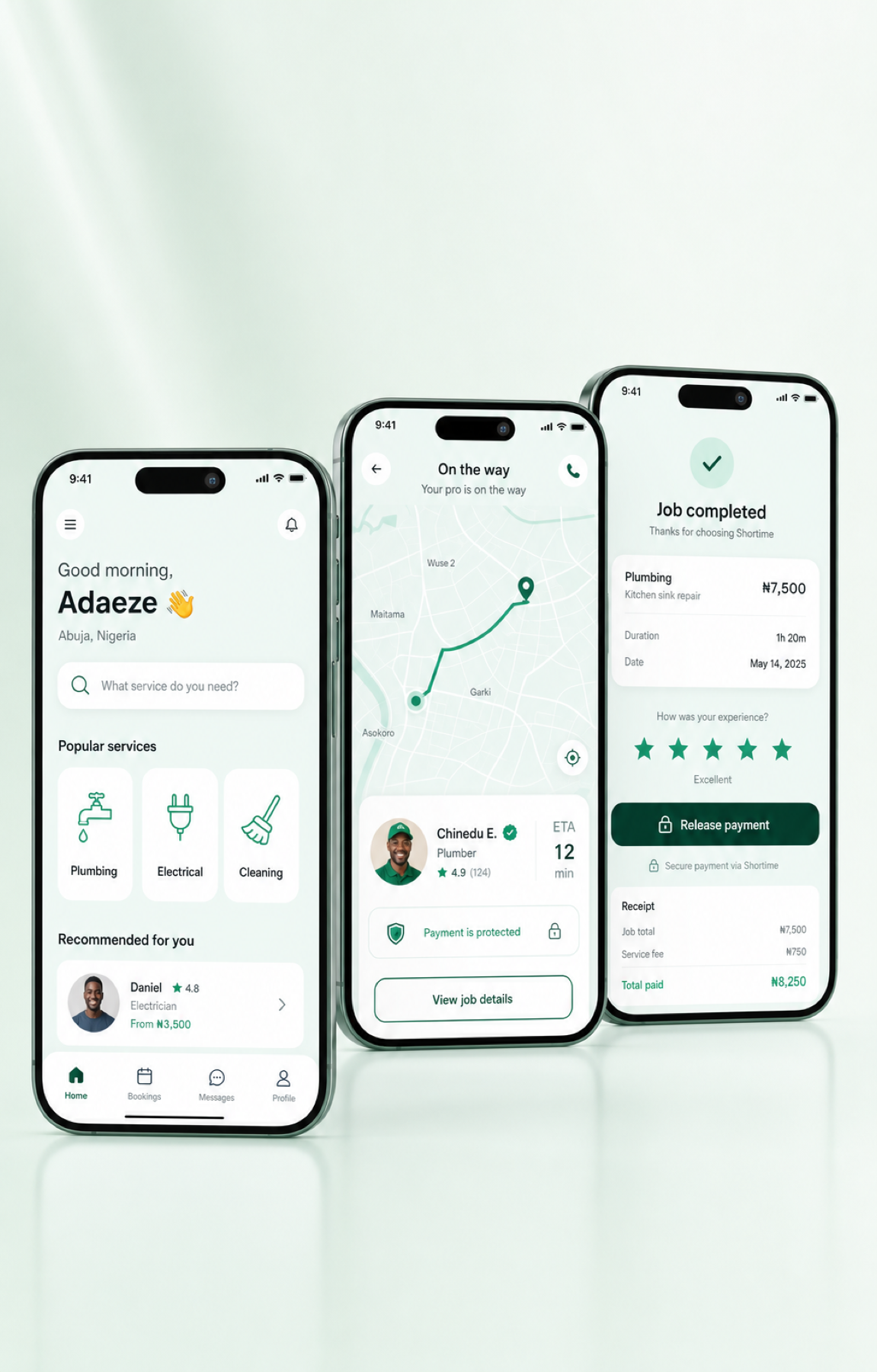 Concept screens of the Shortime customer app showing service discovery, provider arrival tracking and protected payment completion