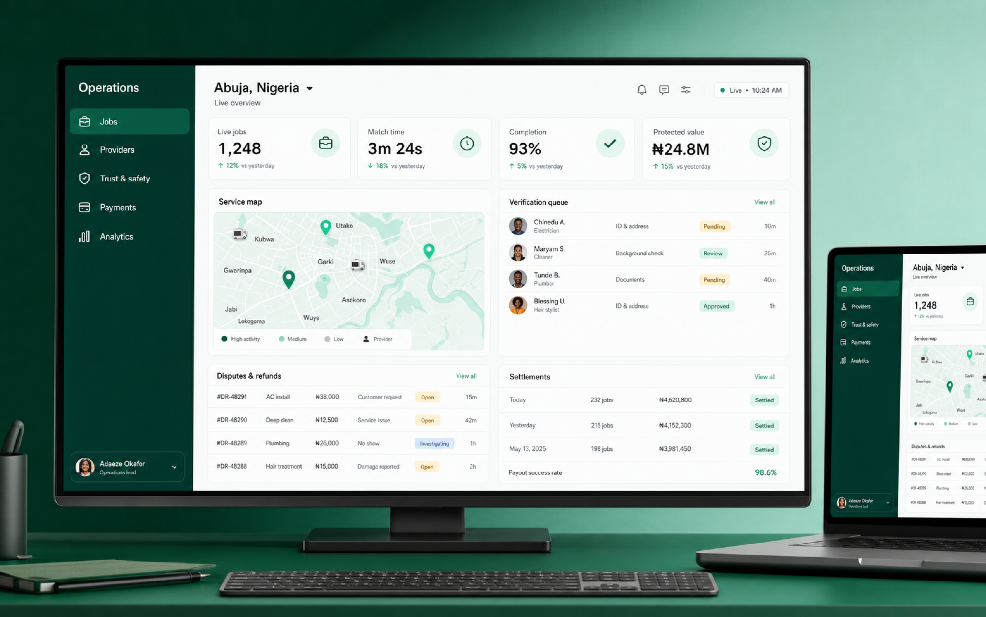 Concept for the Shortime operations dashboard showing Abuja jobs, provider verification, disputes and settlements