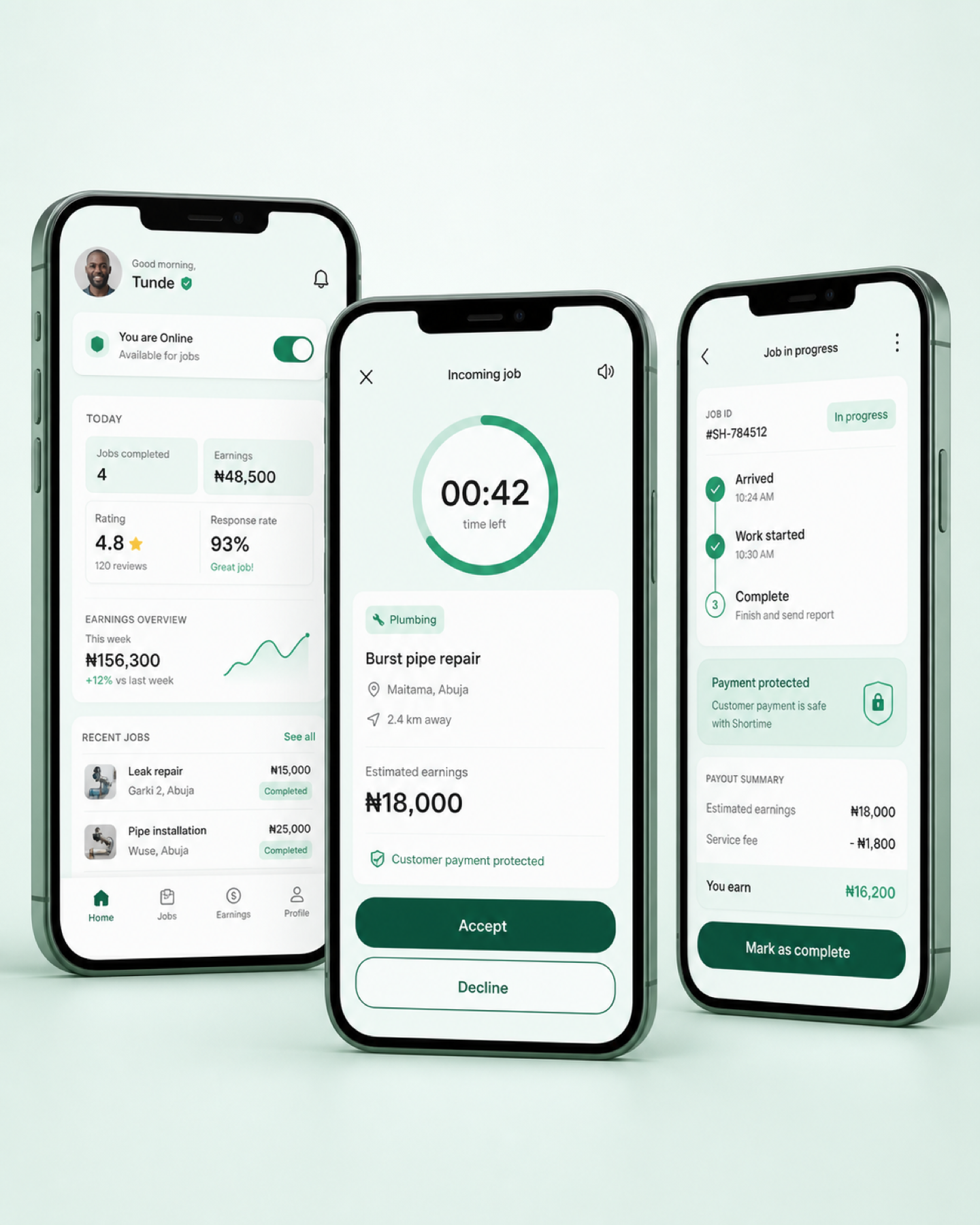 Shortime provider app concept showing availability, an incoming plumbing request and job completion controls