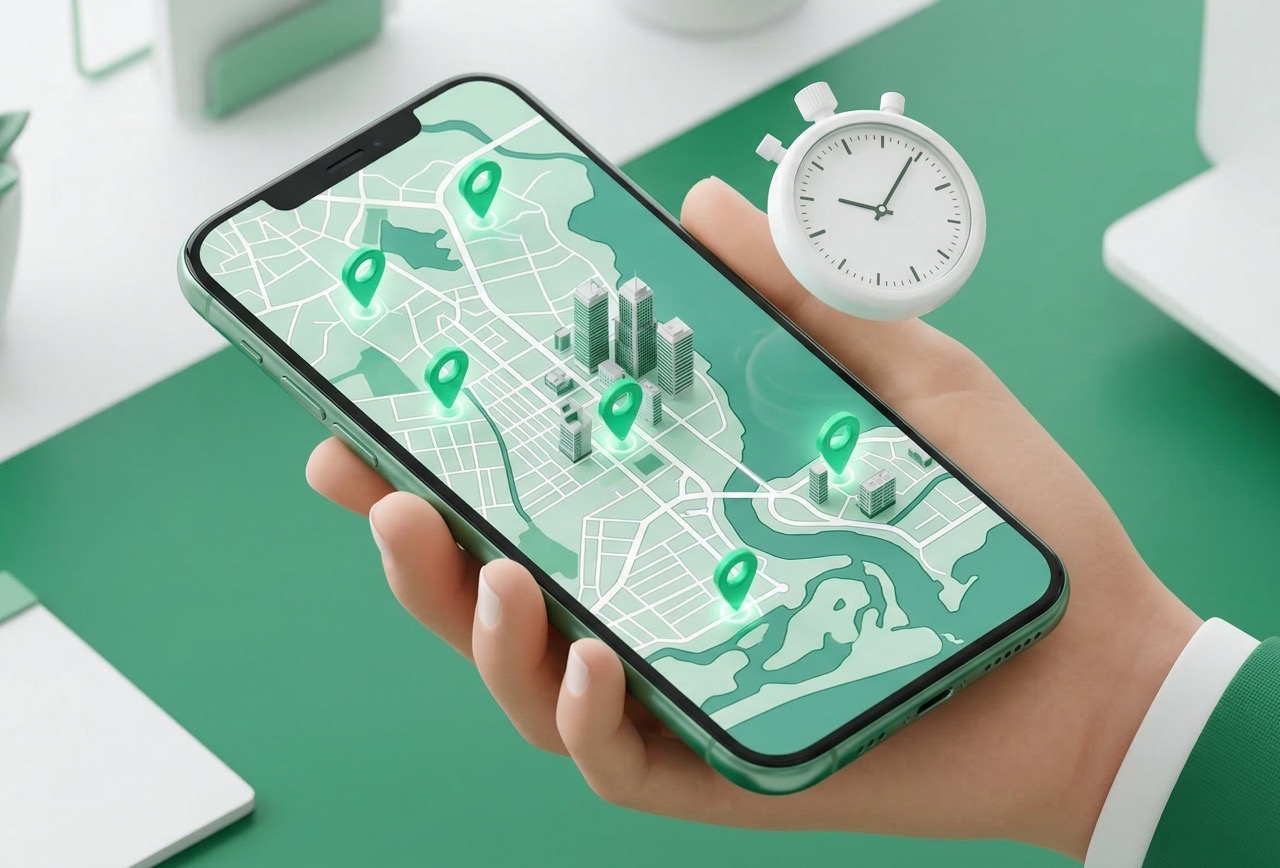 Shortime illustration with a smartphone, map pins and a service professional on a green background